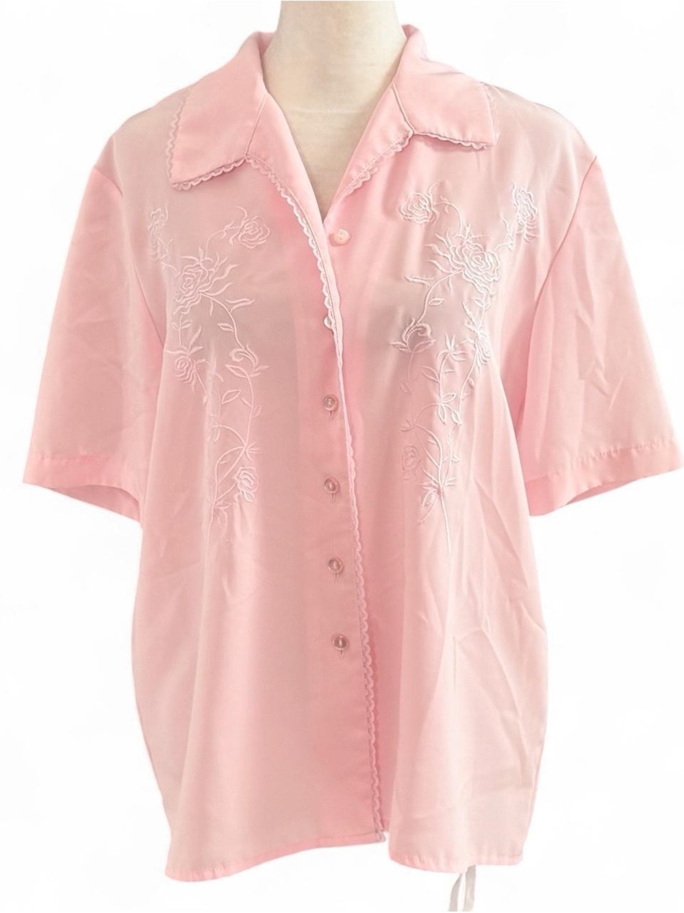 Vintage Joanna Pink Rose Embroidered Button Down Blouse Small